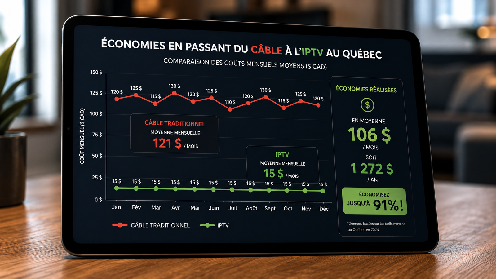 Graphique comparatif montrant les économies réalisées en passant du câble à l'IPTV au Québec.