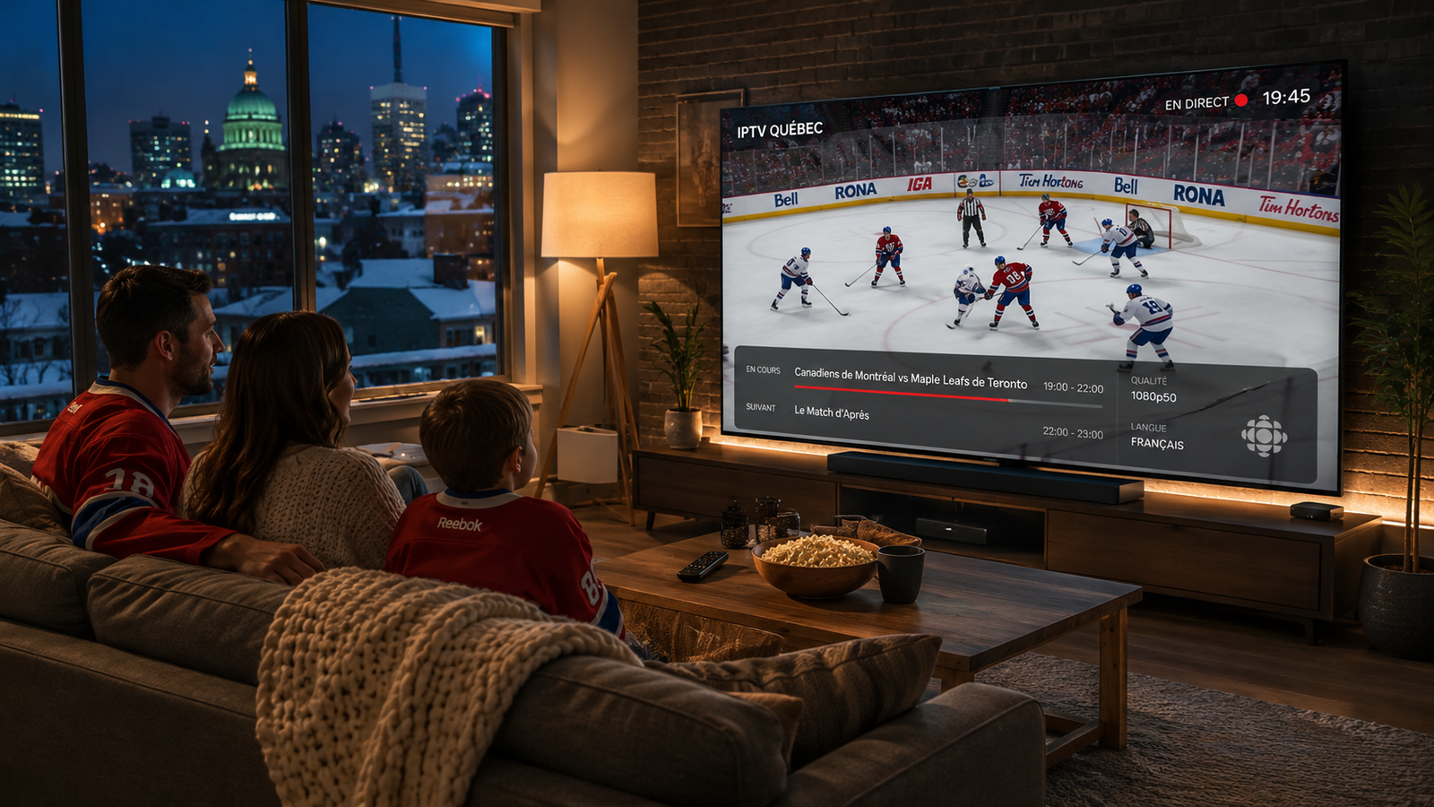 Match de hockey diffusé en haute définition sur une Smart TV via un service IPTV au Québec.