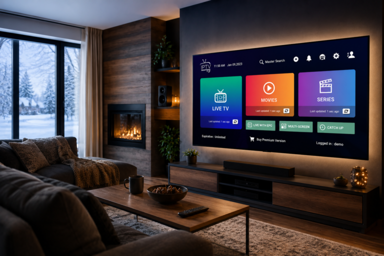 Application IPTV Smarters Pro sur une Smart TV dans un salon au Québec.