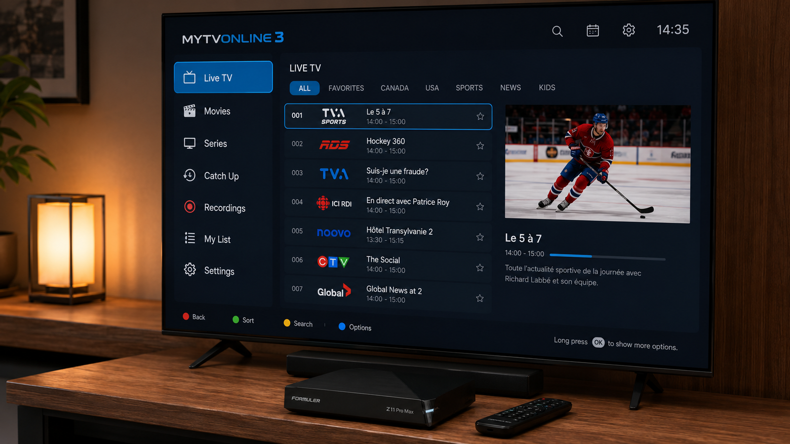 Interface MYTVOnline3 sur écran TV avec le boîtier Formuler Z11 Pro Max.