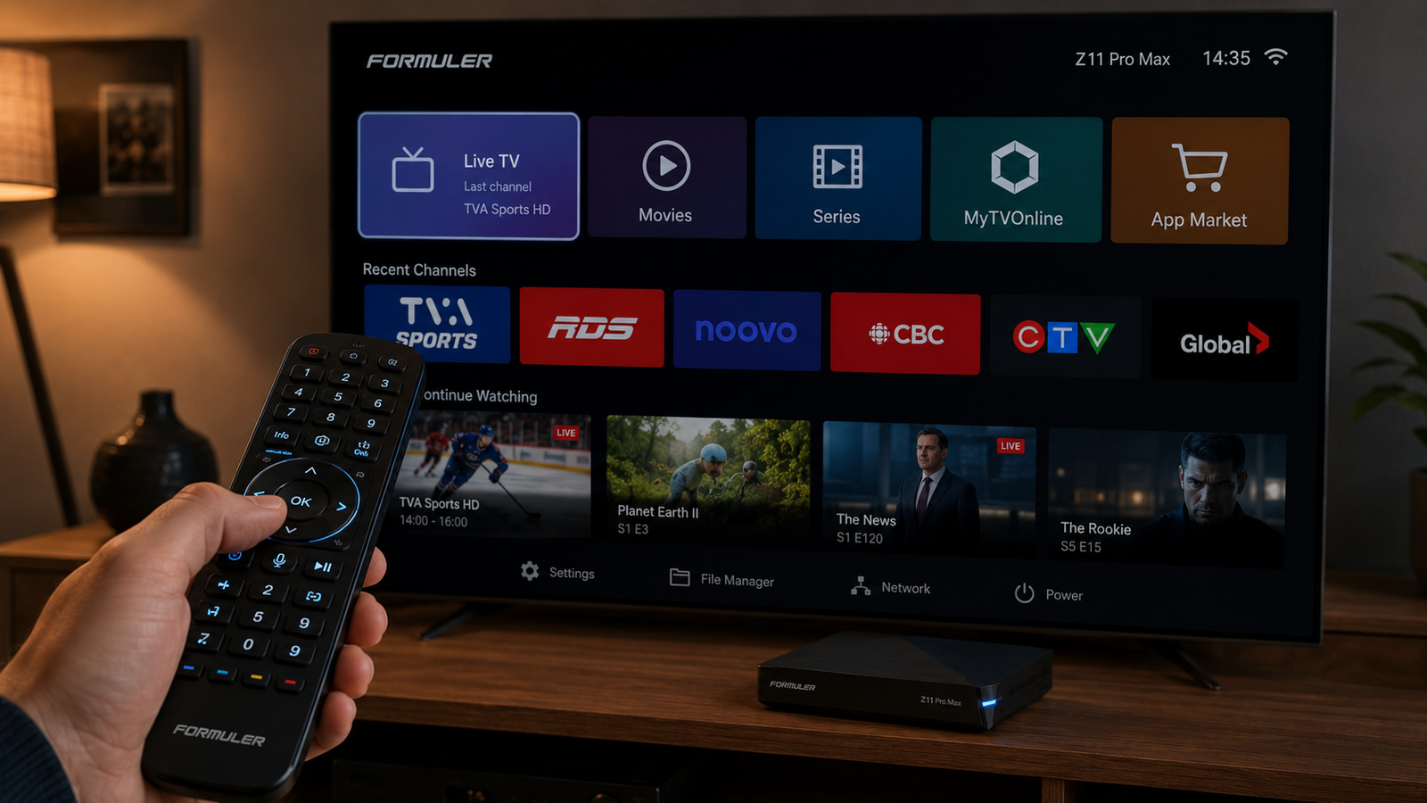 Télécommande rétroéclairée et menu principal du Formuler Z11 Pro Max.