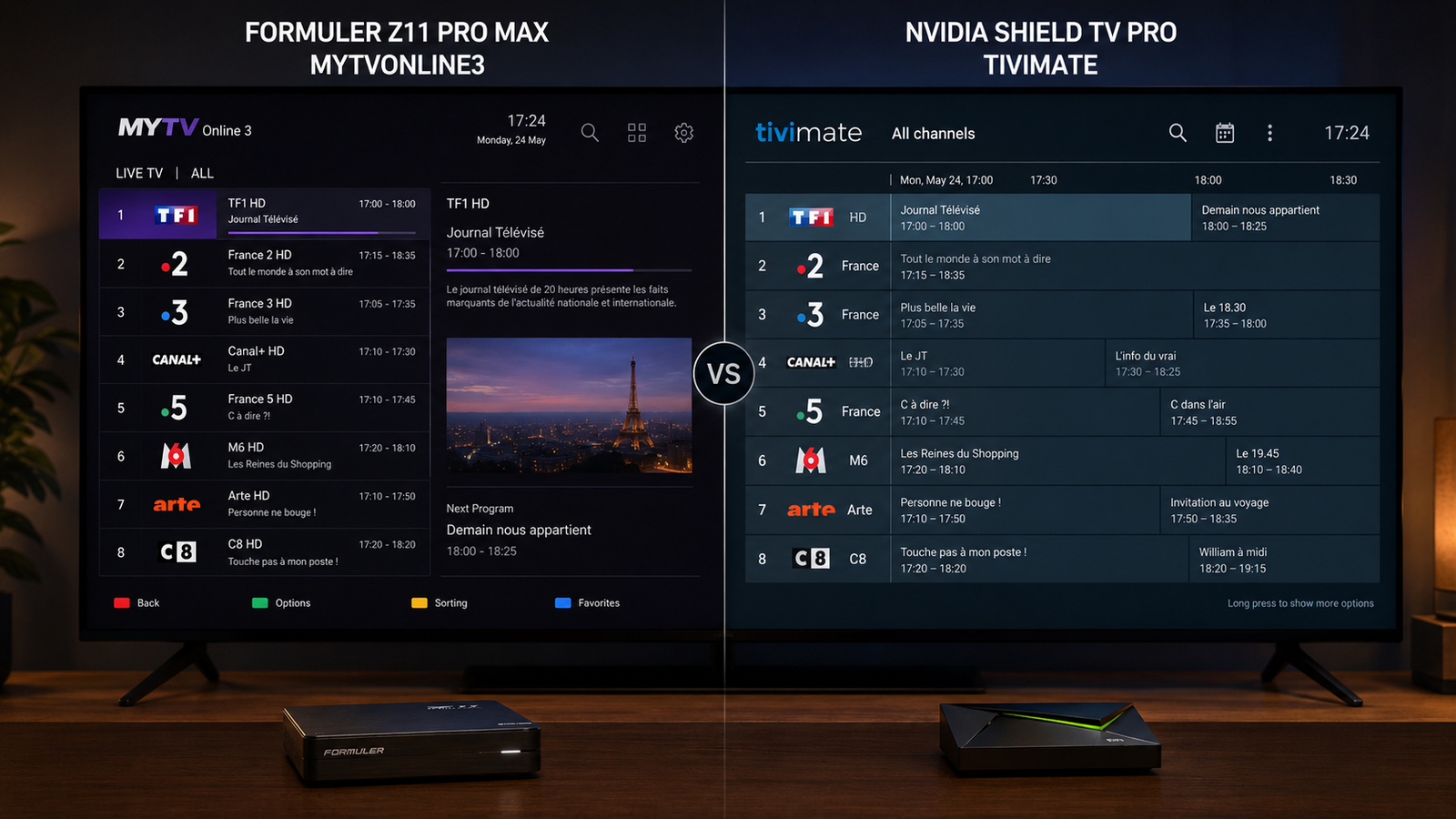 Comparaison entre l'interface MYTVOnline3 sur Formuler et TiviMate sur Nvidia Shield.