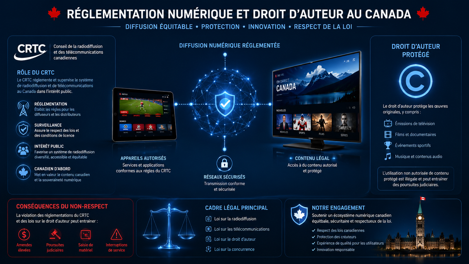 Représentation schématique des réglementations du CRTC et du droit d'auteur au Canada.