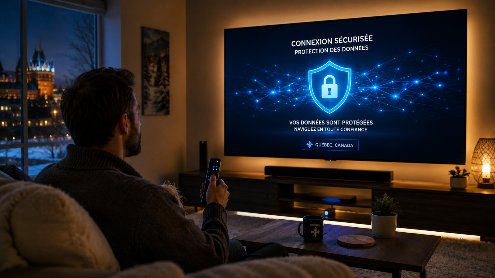 Utilisateur au Québec consultant un écran avec icône de sécurité et protection des données.