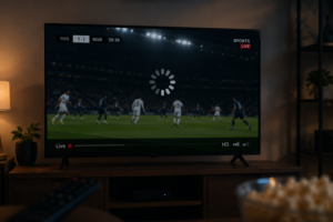 Écran de télévision affichant un problème d'iptv buffering constant durant un direct.