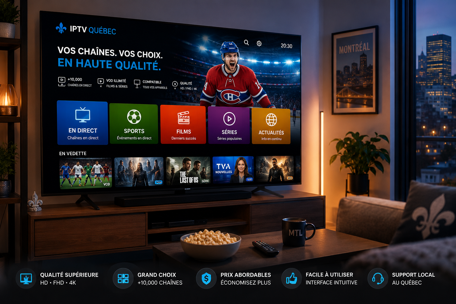 Présentation des principaux avantages iptv quebec sur un écran de télévision moderne.