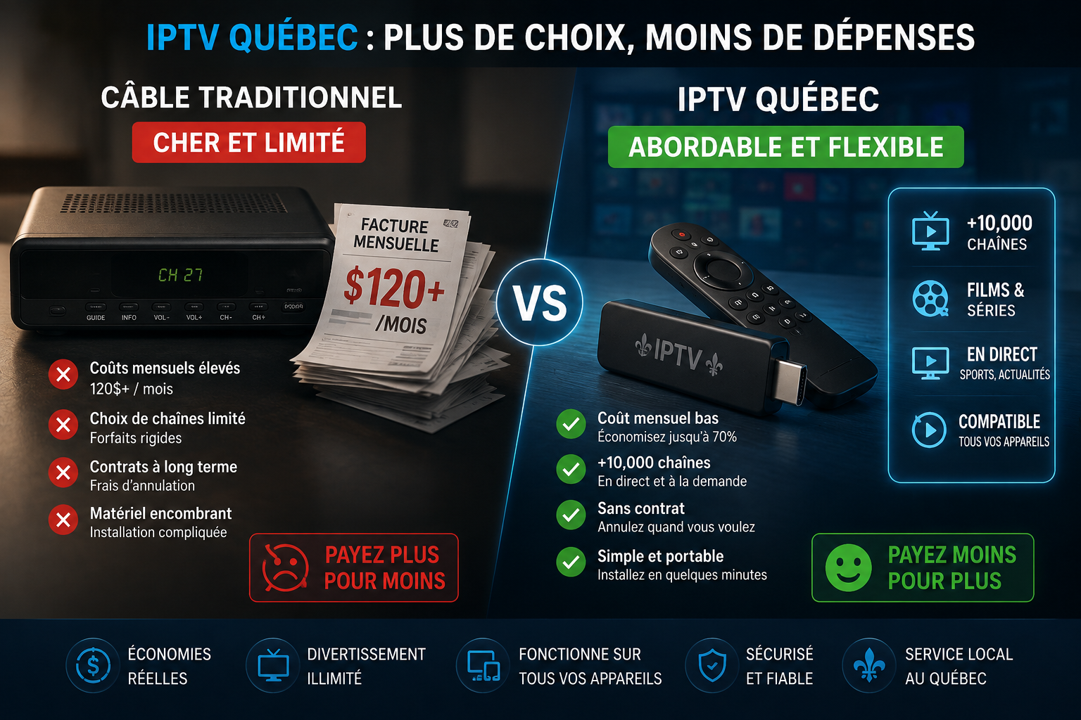 Économies et flexibilité parmi les avantages iptv quebec face au câble