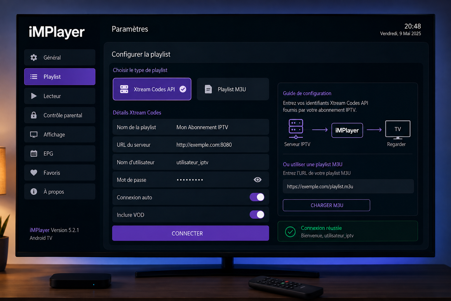 Écran de configuration des identifiants dans l'application iMPlayer IPTV