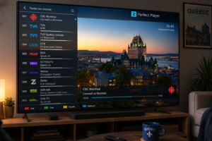 Interface utilisateur de l'application Perfect Player IPTV sur un téléviseur au Québec.