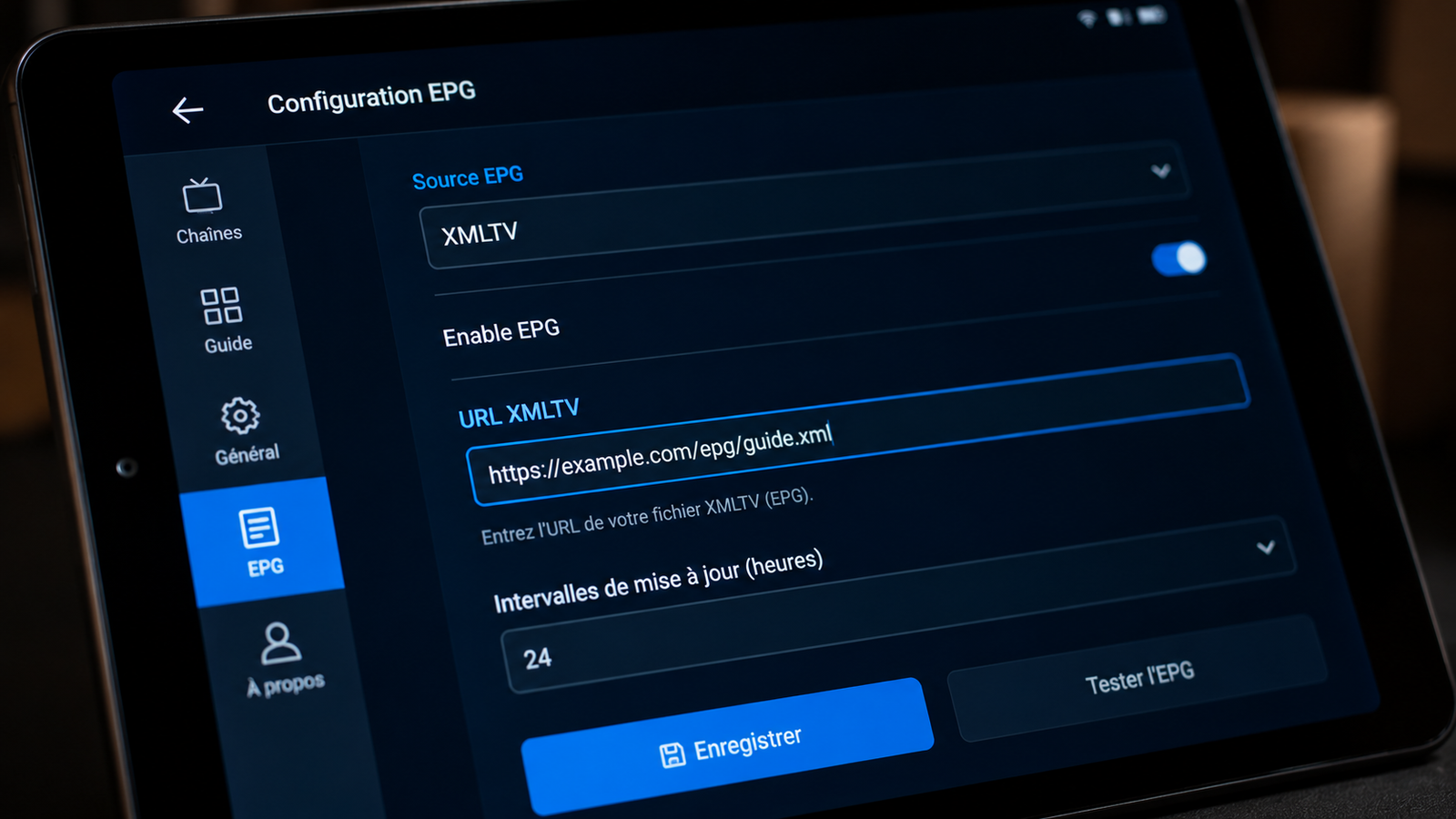 Interface de réglages d'une application IPTV pour l'importation d'une URL EPG.