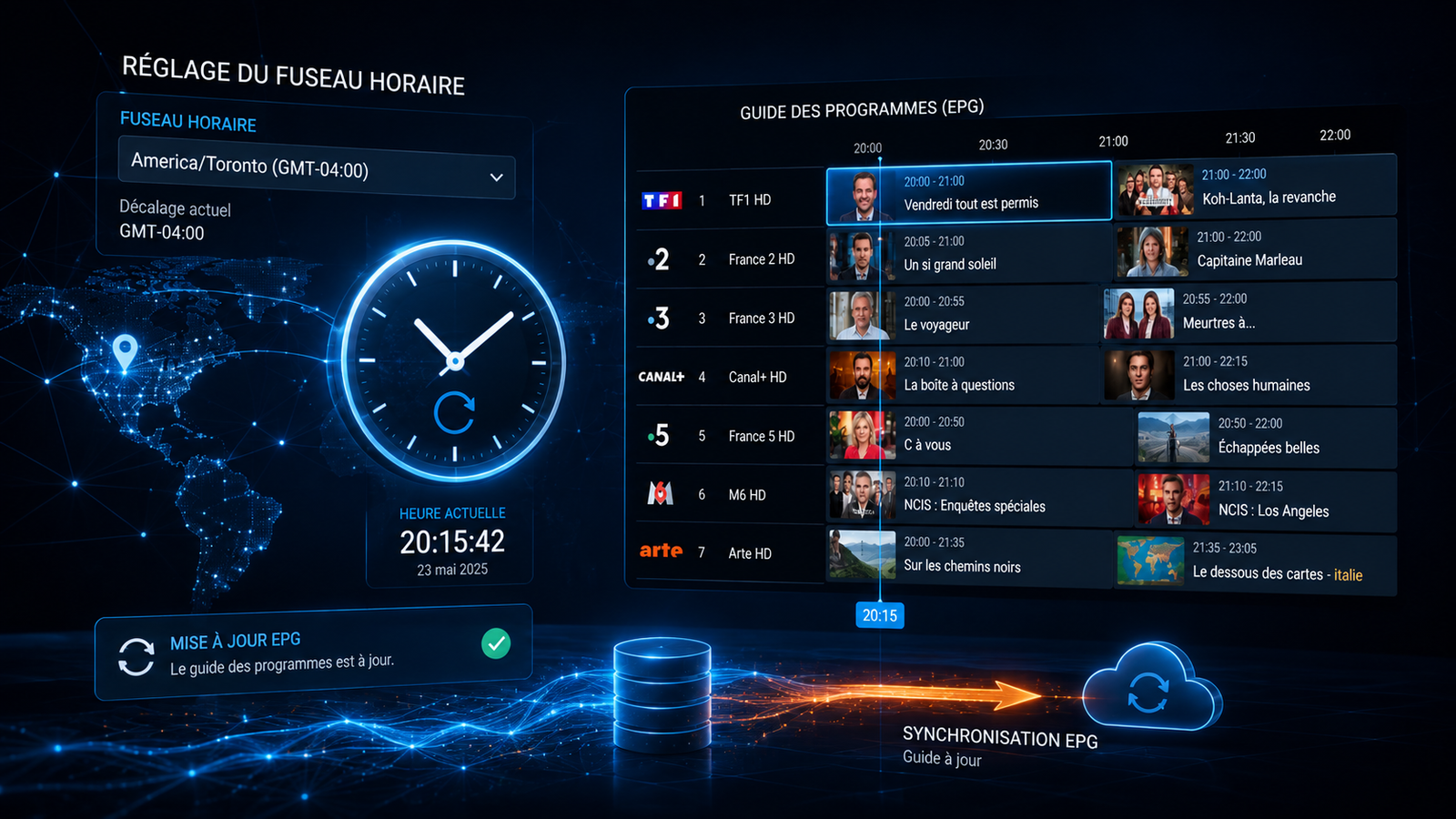 Réglage du décalage horaire et du fuseau horaire sur la grille de programmes télévisés.