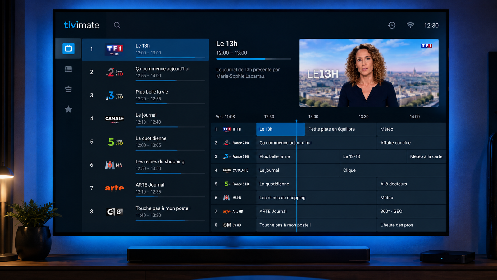 Interface de l'application TiviMate sur un écran Android TV.