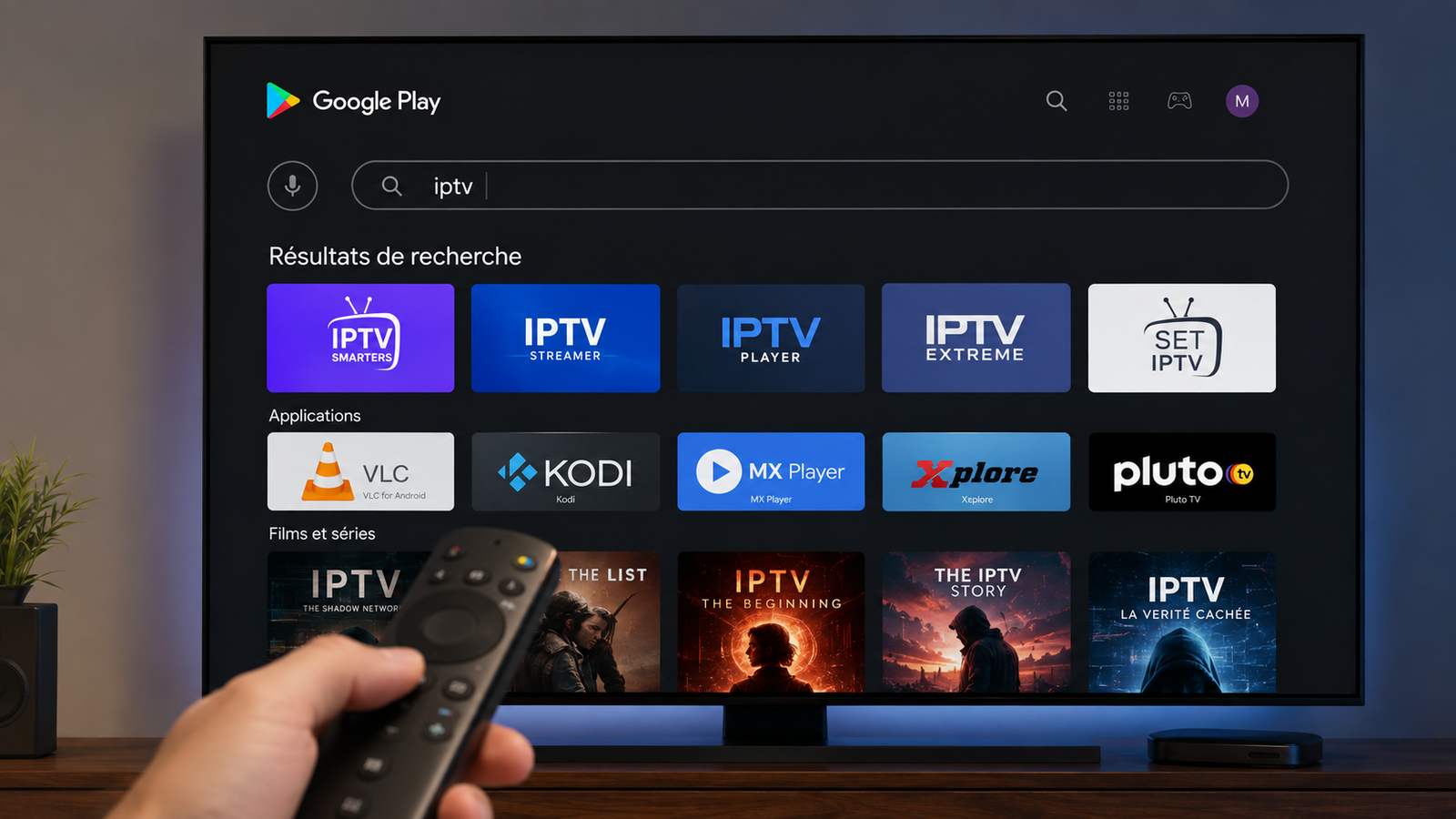 Recherche d'applications IPTV sur le Google Play Store de la télé.