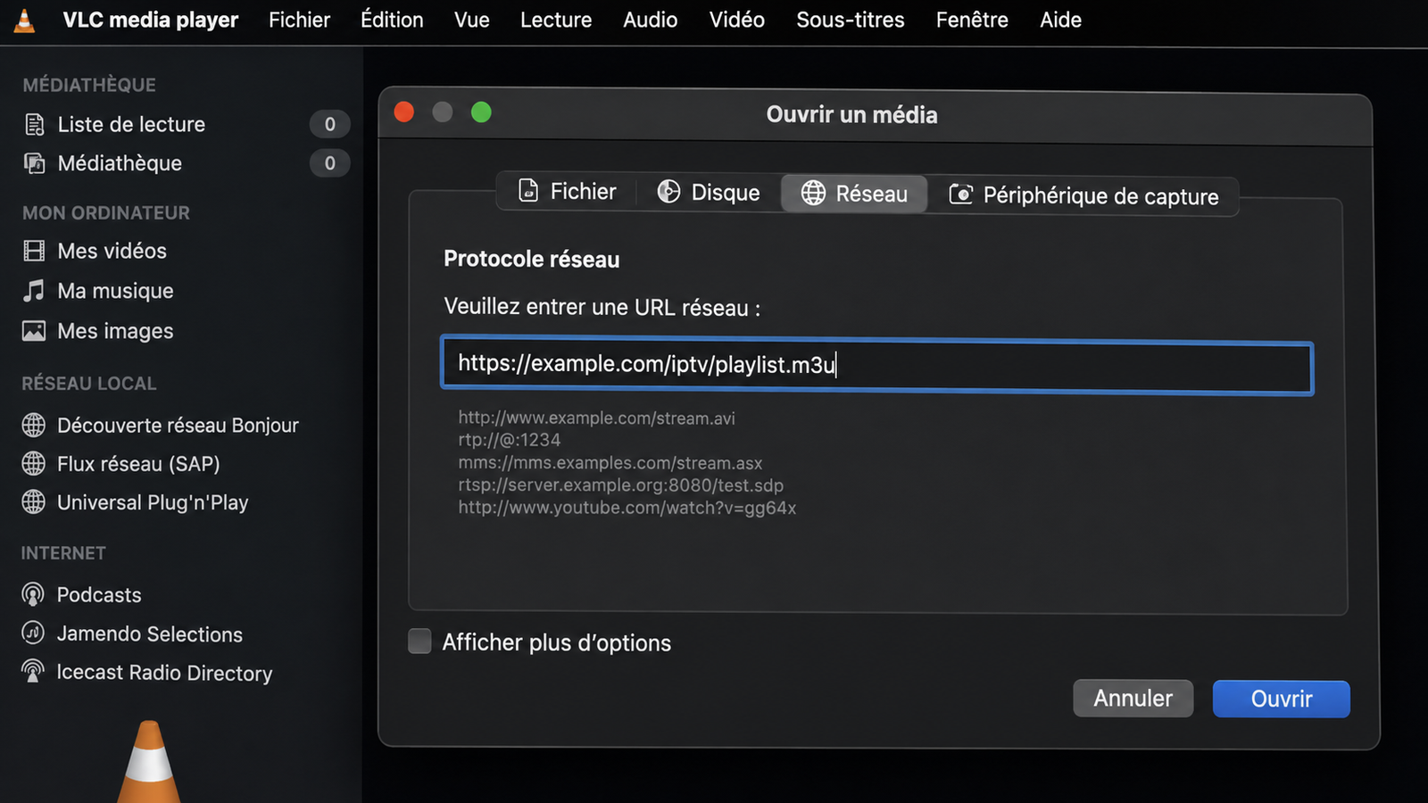 Ouverture d'un flux réseau M3U dans le logiciel VLC Media Player.