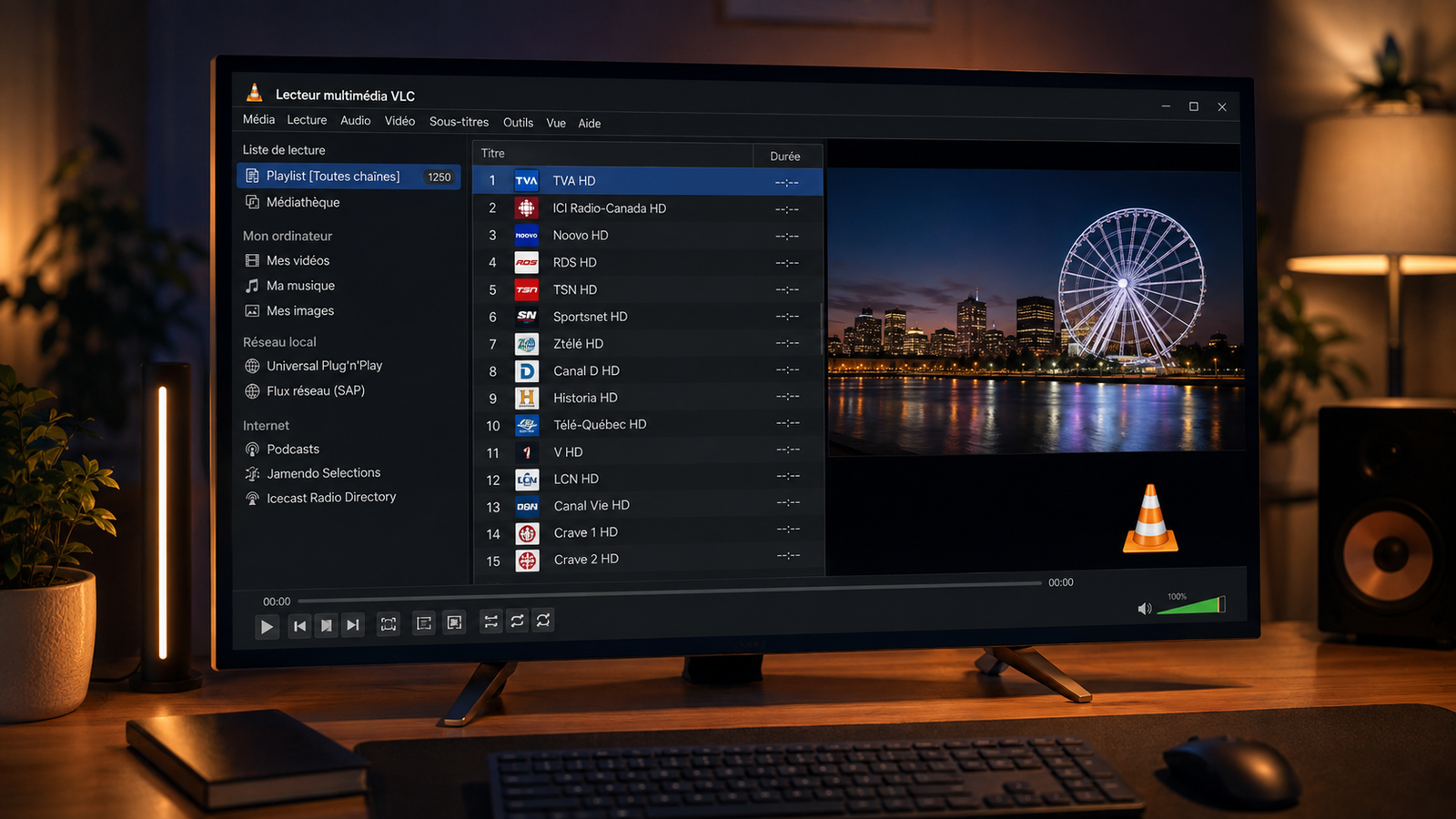 Affichage de la liste de lecture des chaînes TV dans VLC Media Player.