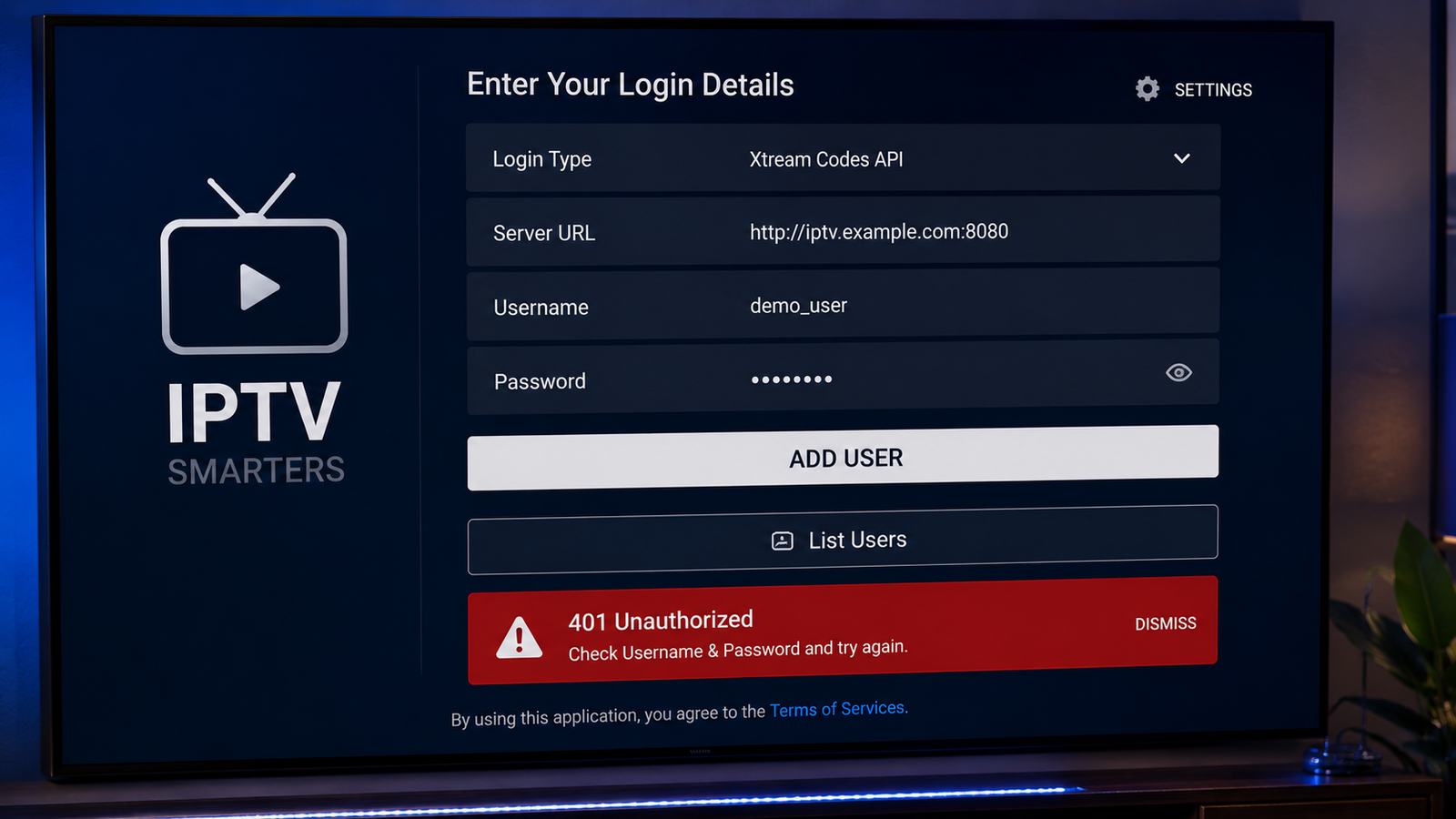 Écran de connexion Xtream Codes affichant une erreur 401 Unauthorized.