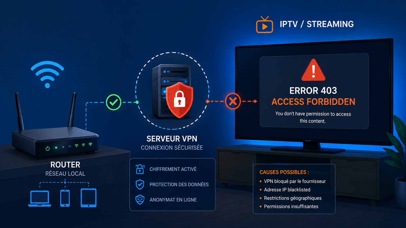 Paramètres de réseau et désactivation du VPN pour résoudre une erreur 403 Forbidden.