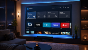 Interface moderne de l'application xciptv lecteur iptv sur un écran Smart TV au Québec.