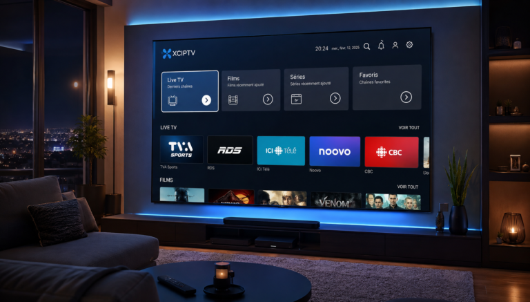 Interface moderne de l'application xciptv lecteur iptv sur un écran Smart TV au Québec.