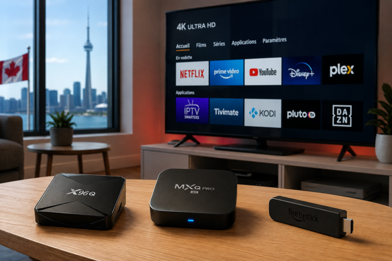 Sélection de boîtiers IPTV Android pas chers canada sur une table
