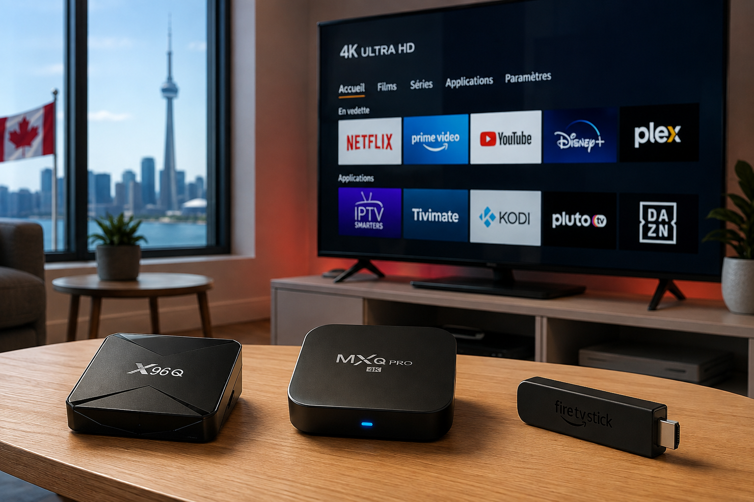 Sélection de boîtiers IPTV Android pas chers canada sur une table
