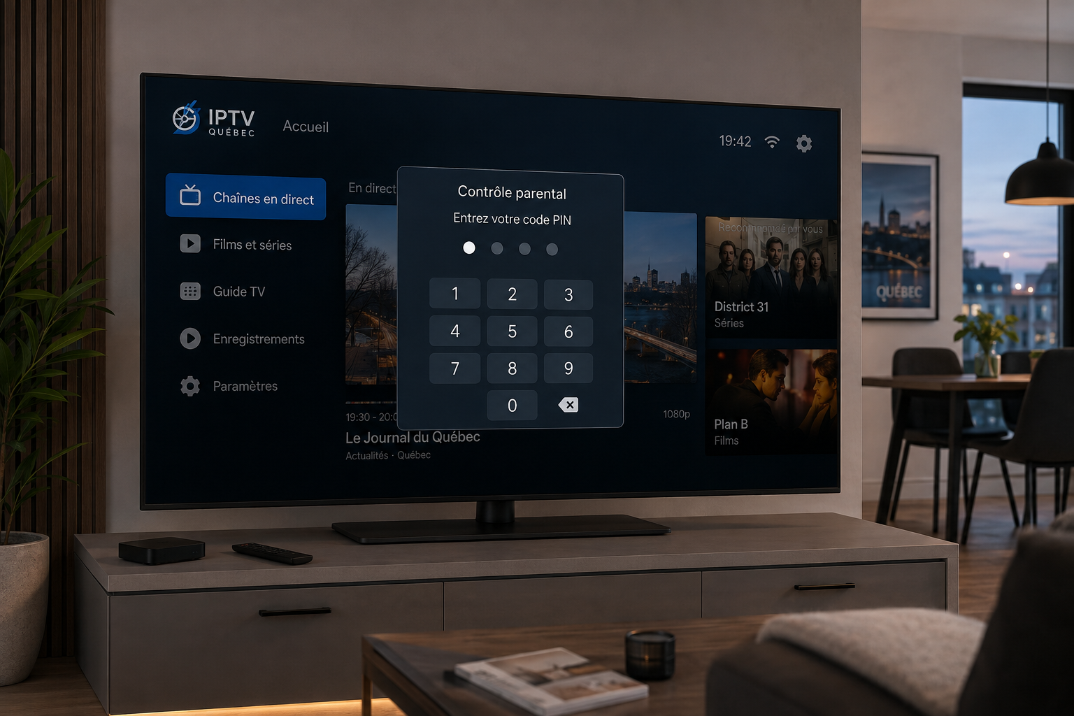 Configuration du contrôle parental IPTV avec code PIN sur une Smart TV au Québec.