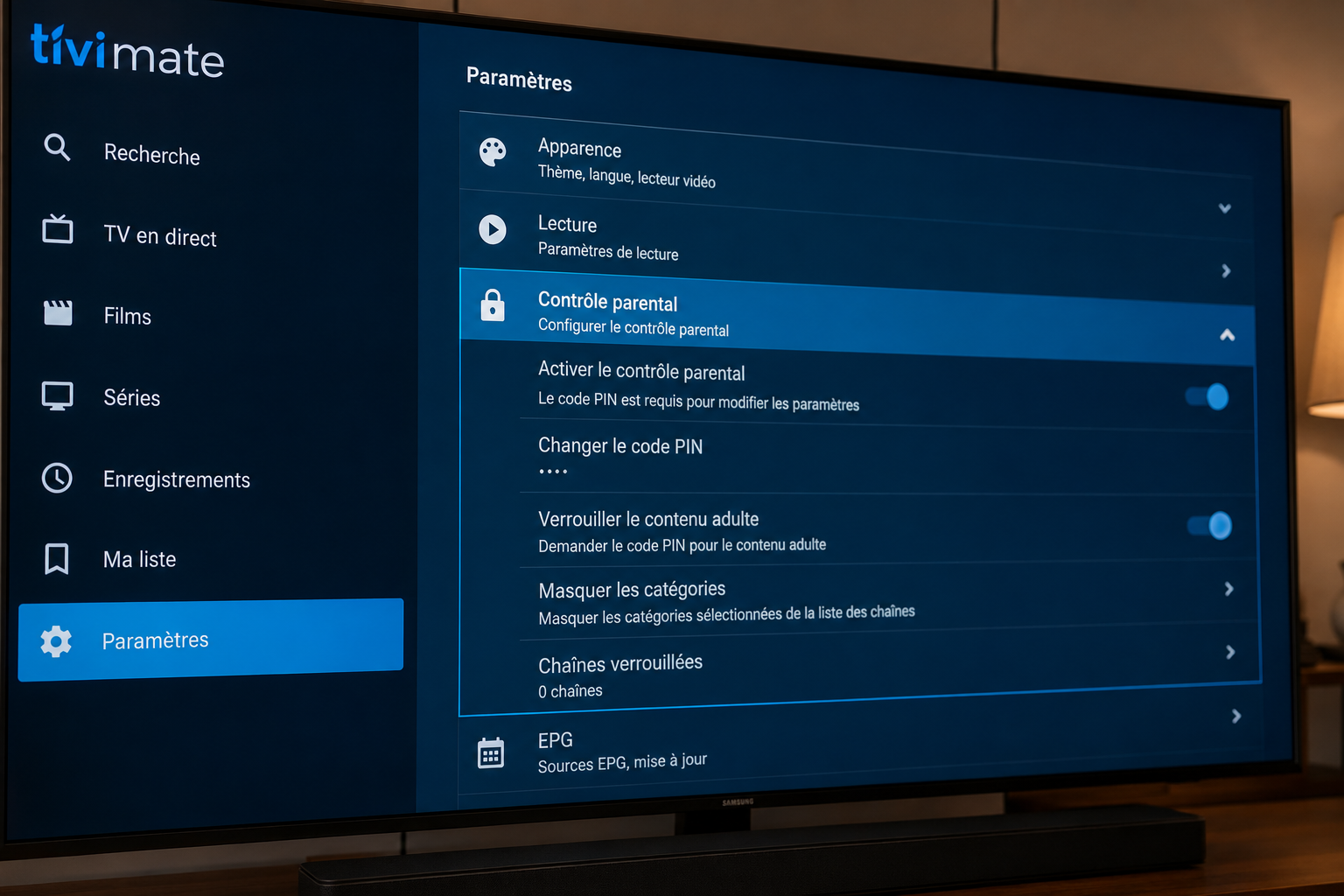 Activation du code PIN dans les paramètres du contrôle parental IPTV sur TiviMate
