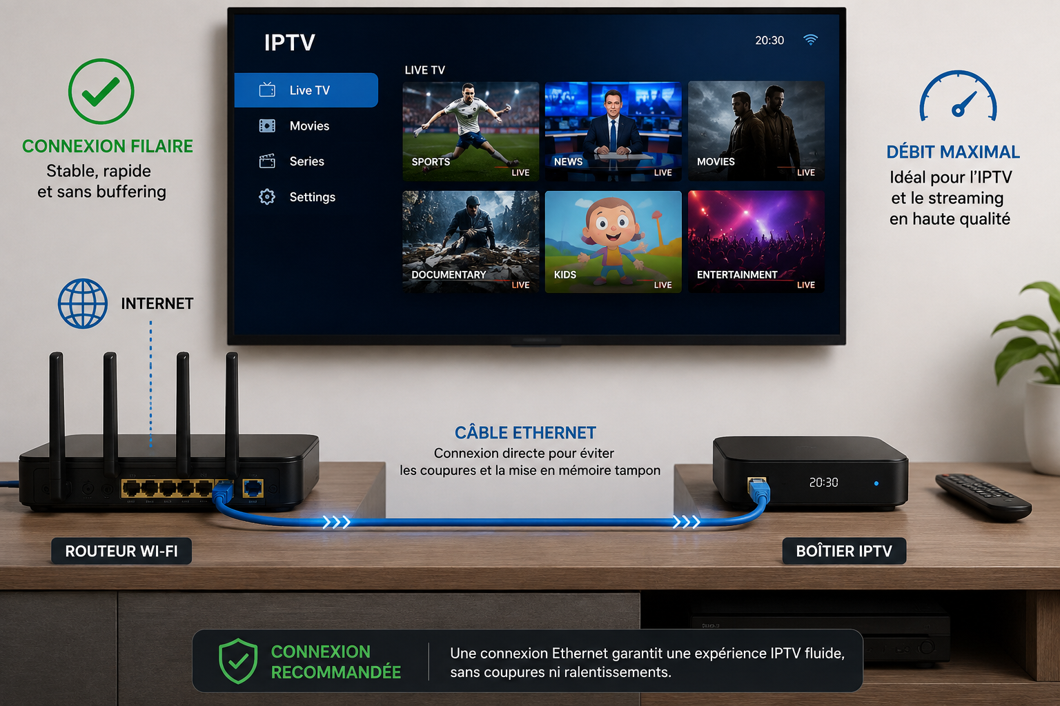 Connexion Ethernet recommandée pour optimiser la vitesse internet iptv quebec sur Smart TV