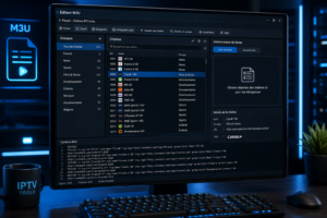 Interface d'un logiciel editeur m3u iptv pour trier et organiser des listes de chaînes TV.