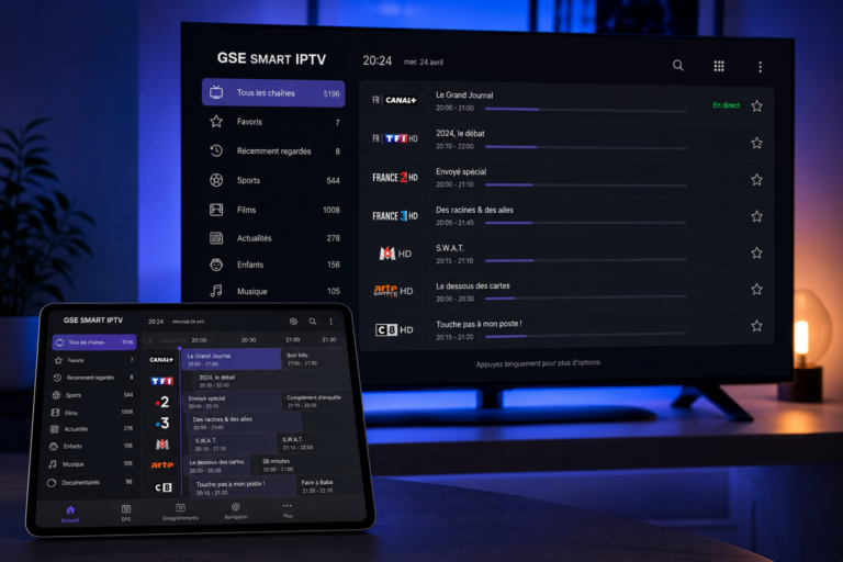 Interface de l'application gse smart iptv affichant la liste des chaînes et le guide EPG.