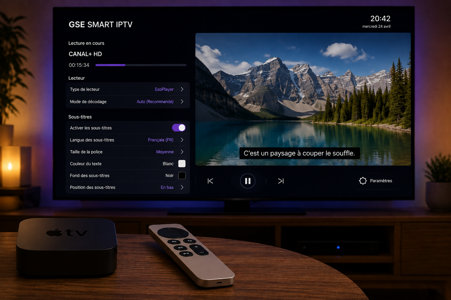 Paramètres et lecteur vidéo de gse smart iptv sur Smart TV et Apple TV