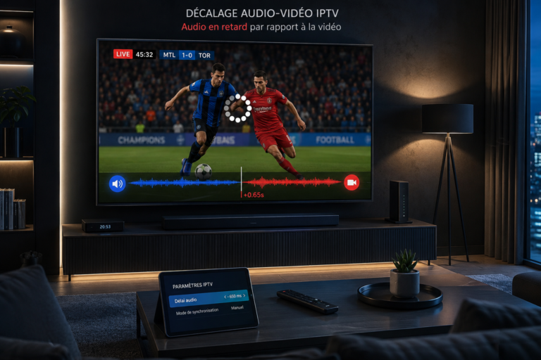 Illustration du problème de décalage audio vidéo iptv sur une télévision 4K.
